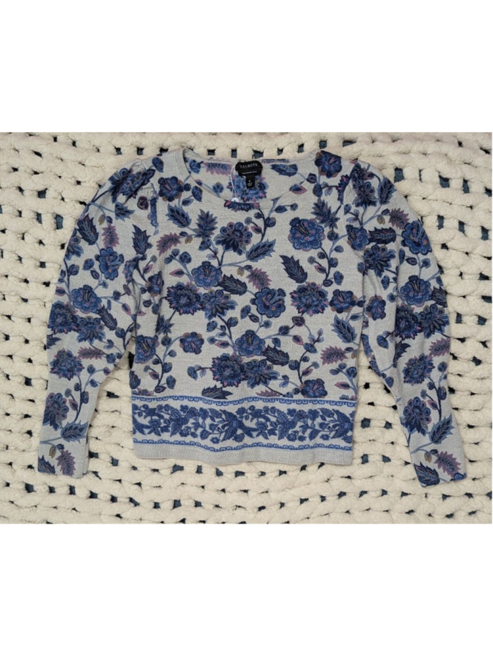 Talbots Pure Merino Wool Floral Sweater Women's Small Blue Pink Lightweight Knit
